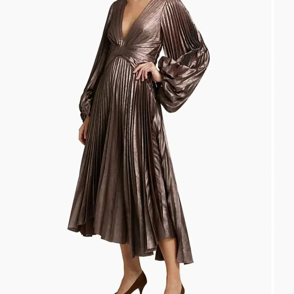 Acler Palms Pleated Satin Midi-Dress Coffee Metallic - Picture 5 of 6